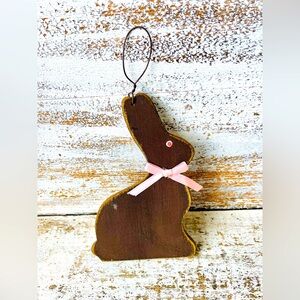 *Distressed Wooden Chocolate Bunny Ornament W Pink Bow